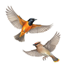 Two beautiful birds in elegant flight one orange and black oriole one brown waxwing with open wings