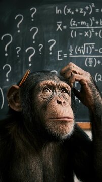 Thoughtful chimpanzee holding pencil and scratching head near blackboard. Monkey student thinking about complex problem with question marks. Education and confusion concept