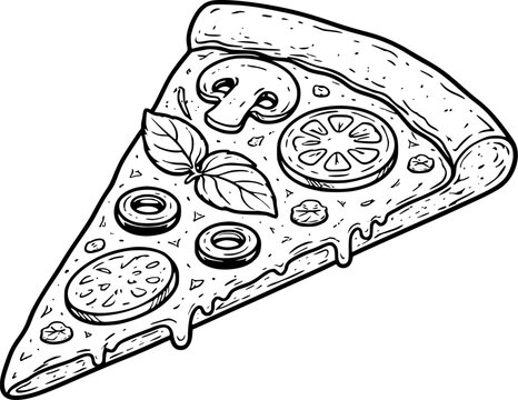 Vector outline illustration of pizza slice with toppings in hand drawn engraving style. Italian fast food icon for menu design, restaurant branding, logo and packaging. EPS vector isolated on white.