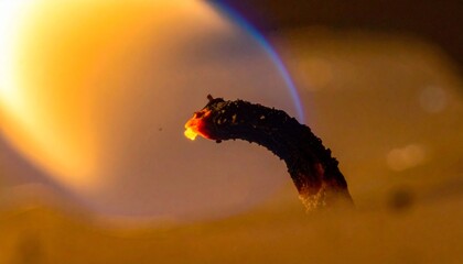 Close-up of a Burning Candle Wick with Bright Flame.