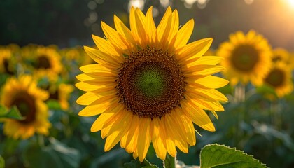 Obraz premium Vibrant sunflower in a field of sunflowers, bathed in warm sunlight, against a blurred green and bokeh-filled background