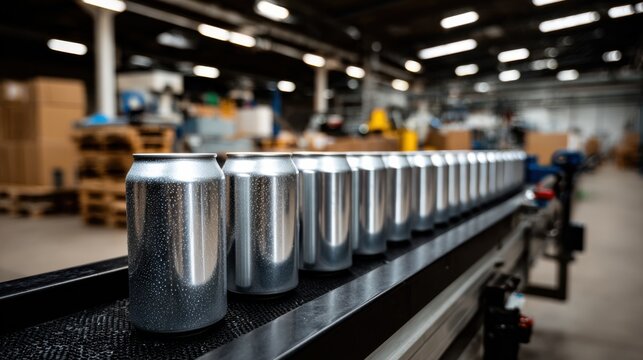 Rows of chilled aluminum cans on a conveyor with condensation, in a softly blurred factory setting. Ideal for manufacturing and beverage industry themes.