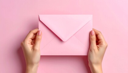 Fototapeta premium Aesthetic pink envelope held by manicured hands on a matching pink background