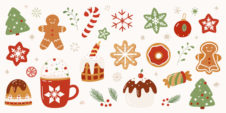 Festive christmas illustrations with gingerbread snowflakes and winter treats