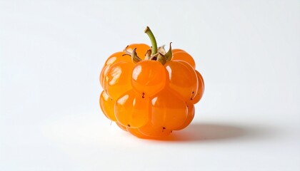 Close-up of a single golden raspberry on a white surface.