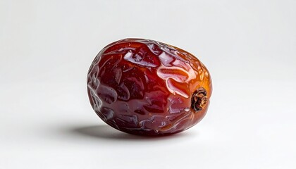 Close-up of a single Medjool date on a white background.