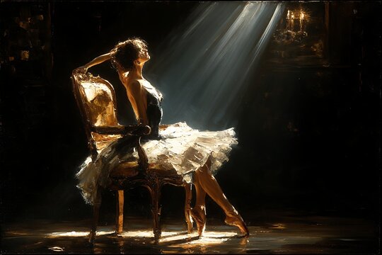 ballet dancer sits in profile on ornate gold chair