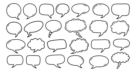 Fototapeta premium Hand drawn line art speech and thought bubble set featuring various comic style shapes for communication