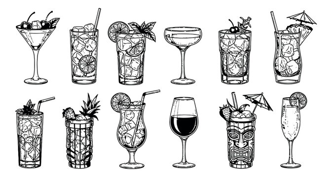Hand drawn line art cocktail set featuring various alcoholic beverages and tropical drinks for party and menu design