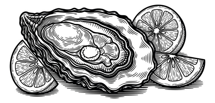 Engraving style illustration of an oyster and lemon slices depicting fresh seafood for a restaurant menu