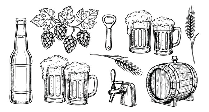 Hand drawn line art brewing set featuring a beer bottle, hops, bottle opener, beer mugs, wheat, beer tap, and a wooden barrel for pub or festival designs