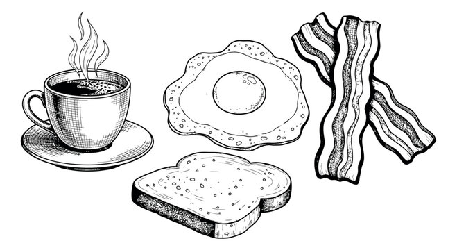 Hand drawn line art breakfast food set featuring a cup of coffee, fried egg, bacon, and toast for morning meal design