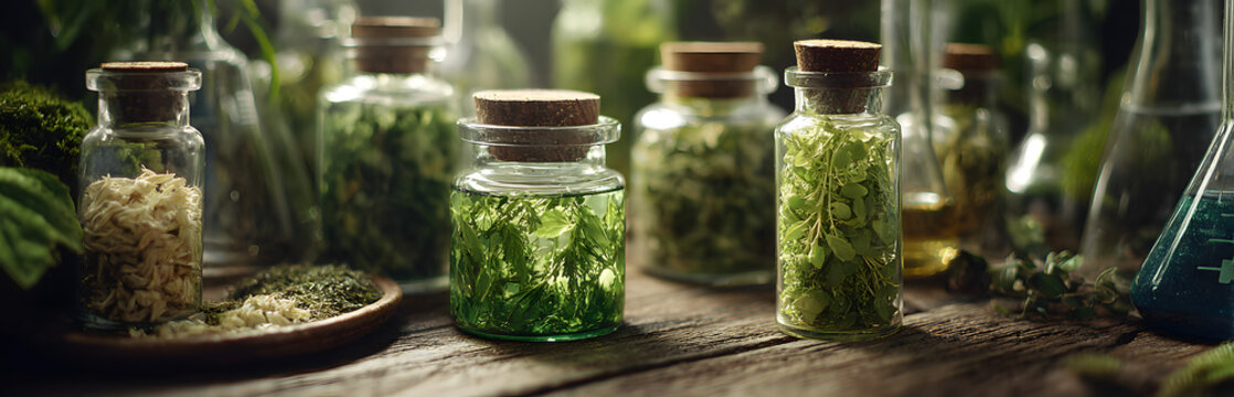 Banner. Alternative green herbal medicine. Natural plant-based ingredients for skin care beauty products, perfumery production. Small business, laboratory, drug research, organic extracts in glassware