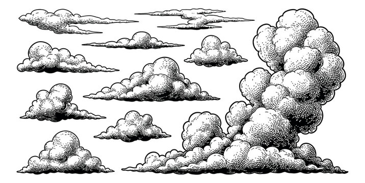 Hand drawn line art clouds set featuring various detailed shapes for weather and sky designs