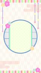 春のひな祭りの和風背景フレーム素材_縦型（桃の花・丸窓・矢絣・パステルカラー）