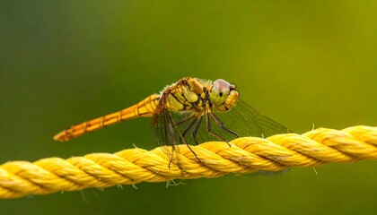 Yellow dragonfly rests on a bright yellow rope against a blurred green background, showcasing vibrant nature