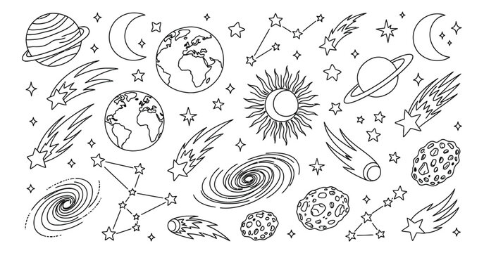 Hand drawn line art space elements set featuring planets, stars, moons, galaxies, and comets for astronomy and science education