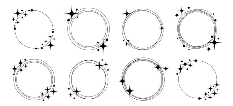 Elegant line art circular frame set featuring decorative stars and dots for social media design