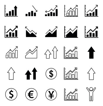 Simple graphic business icon set featuring growth charts, decline graphs, currency symbols, and arrows for financial data