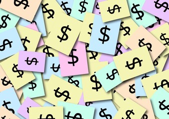 Scattered colorful cards with dollar symbols representing money