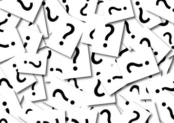 Scattered question mark cards representing uncertainty