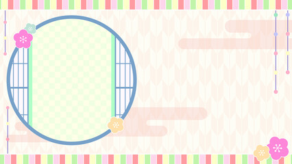 春のひな祭りの和風背景フレーム素材（桃の花・丸窓・矢絣・パステルカラー）