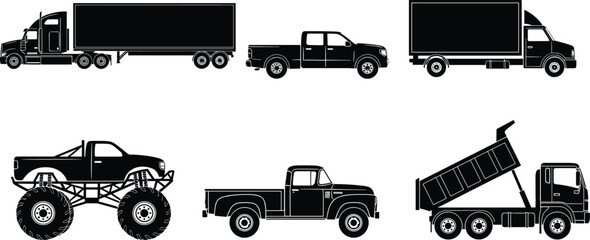 Black silhouette vector illustration of diverse trucks including semi-trailer, pickup, box, monster, vintage, and dump truck for transport, hauling, and automotive design © Hello there