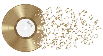 Abstract gold vinyl record with notes, transparent background