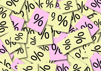 Scattered pastel cards with percent symbols representing discounts