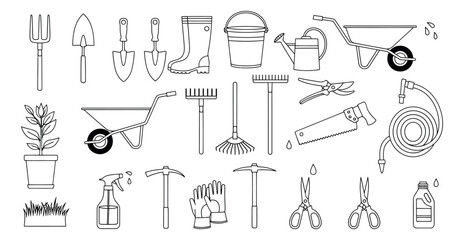 Obraz premium Line art gardening tools set featuring spades, rakes, boots, and a potted plant for home garden maintenance