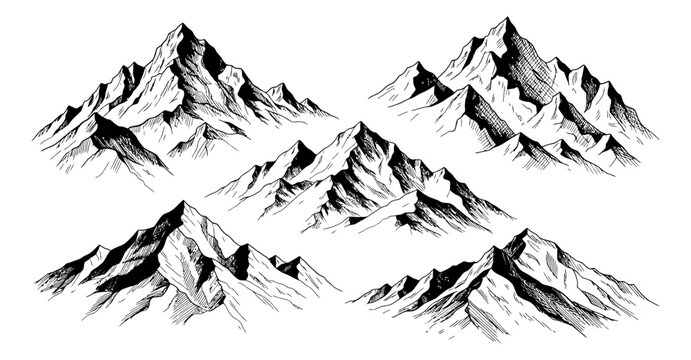 Hand drawn line art mountains set featuring alpine peaks and rocky formations for outdoor adventures and nature designs