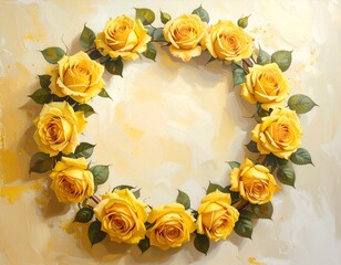 Yellow roses form a circle against a creamy backdrop. Twigs and green leaves accent