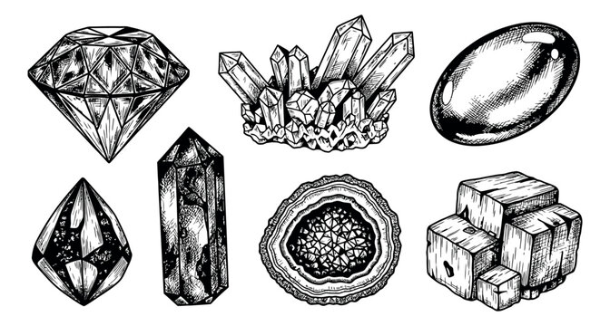 Hand drawn line art crystal set featuring various gemstones and minerals for esoteric design