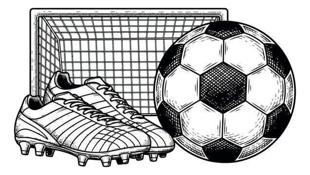 Hand drawn line art soccer equipment set featuring a football, cleats, and a goal for sports