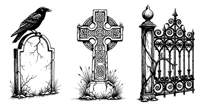 Hand drawn line art gothic cemetery elements set featuring a crow on a tombstone, a celtic cross, and an ornate gate for spooky halloween designs