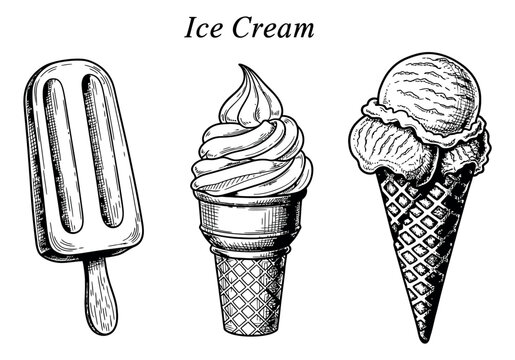 Hand drawn line art ice cream set featuring a popsicle, soft serve cone, and two-scoop cone for summer desserts
