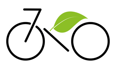 Vector illustration of a minimalist bicycle icon with a green leaf integrated into the design