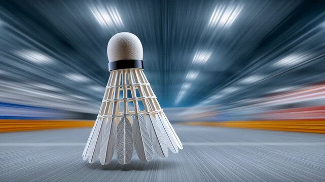 Shuttlecock in motion captured in a sports hall with blurred background, showcasing the dynamic flow and progression of the object as it moves across the court surface