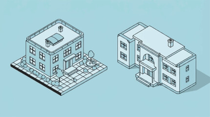 Isometric buildings with white roofs and light blue walls on blue background