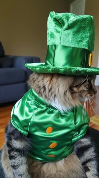 Portrait of a majestic tabby cat wearing a green leprechaun hat and costume for St. Patrick's Day