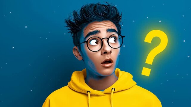 Young man with glasses in yellow hoodie shows surprise and curiosity, looking to the side with a questioning expression against a blue background with a glowing question mark
