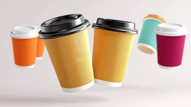 Colorful disposable coffee cups in various sizes and colors float in mid-air, showcasing a vibrant assortment of designs against a soft, neutral background