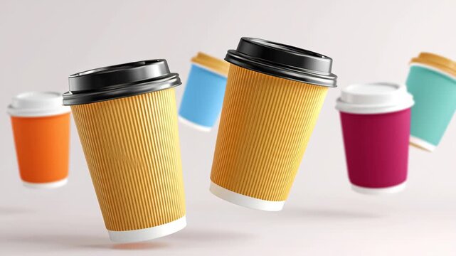 Colorful disposable coffee cups in various sizes and colors float in mid-air, showcasing a vibrant arrangement of orange, blue, yellow, pink, and white cups against a soft background