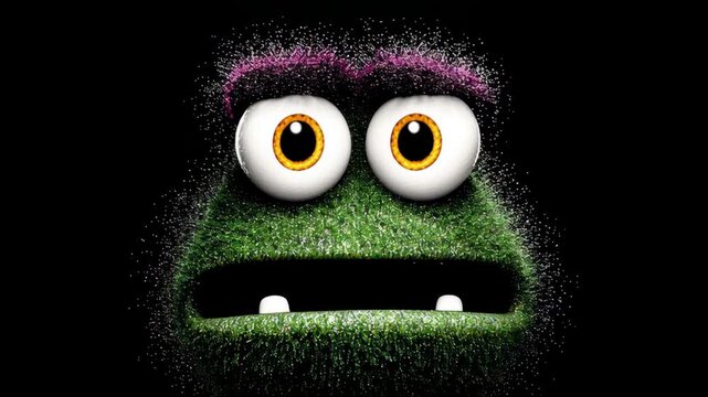 Green puppet character with large eyes and pink eyebrows displays a range of expressions, showcasing a gradual change in facial features against a black background