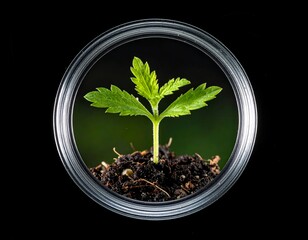 Young green plant sprouting from soil, framed by a clear petri dish against a blurred, dark background