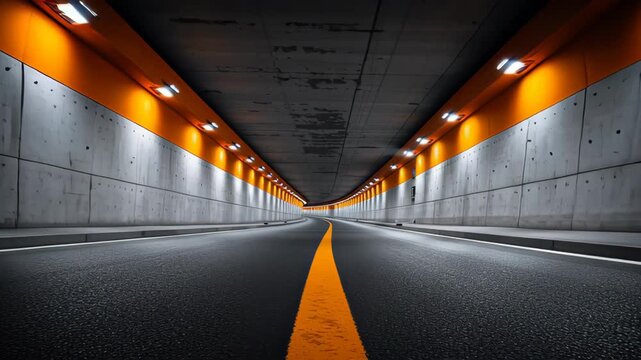 Tunnel interior with smooth asphalt road, illuminated by bright orange and white lights, showcasing a continuous curve leading into the distance, creating a dynamic visual flow
