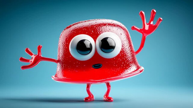 Red jelly character with large eyes and outstretched arms, displaying a playful expression against a smooth blue background, showcasing its glossy texture and vibrant color in a fun setting