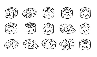 Kawaii Sushi Food Doodle Icon Set Japanese Hand Drawn Vector © Shukimon