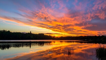 Obraz premium Vibrant sunset reflects on still water with trees in the distance under a fiery, colorful, clouded sky
