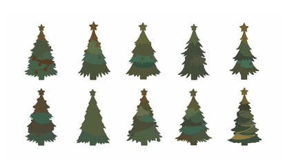 Fototapeta premium Decorated Christmas Tree Doodle Set Red Orange Baubles Star Vector